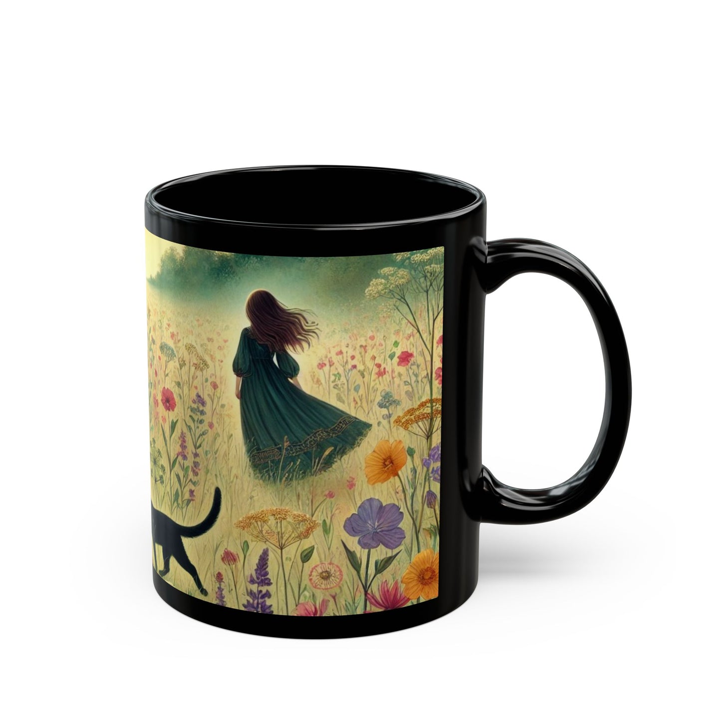 Cat & Girl in Meadow - Black Mug (11oz, 15oz)