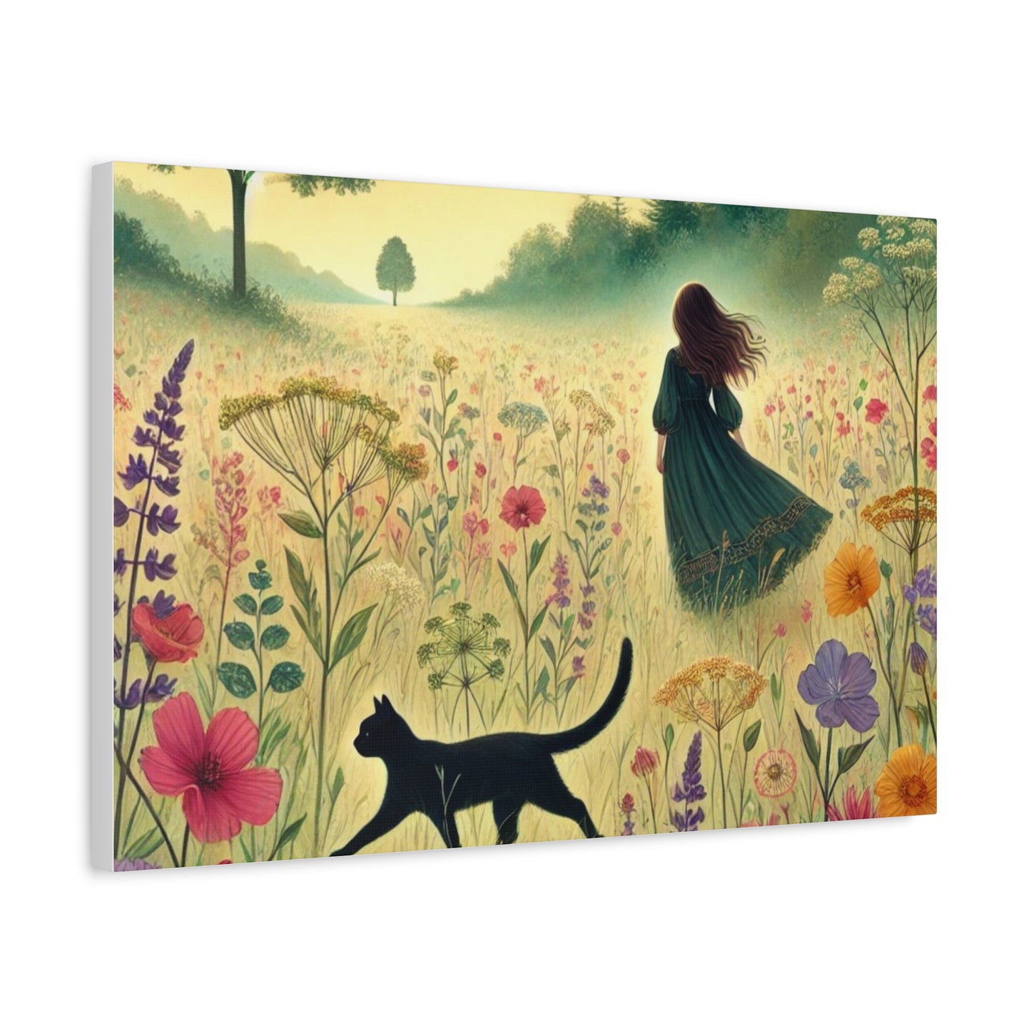 Dreamy Cat & Girl in Meadow Matte Canvas, Stretched, 1.25"