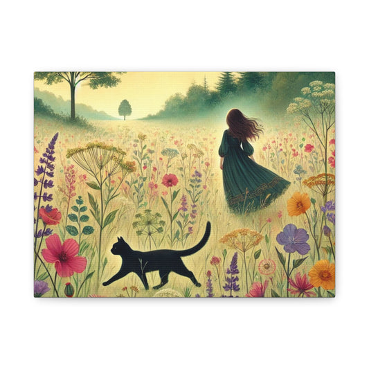 Dreamy Cat & Girl in Meadow Matte Canvas, Stretched, 1.25"