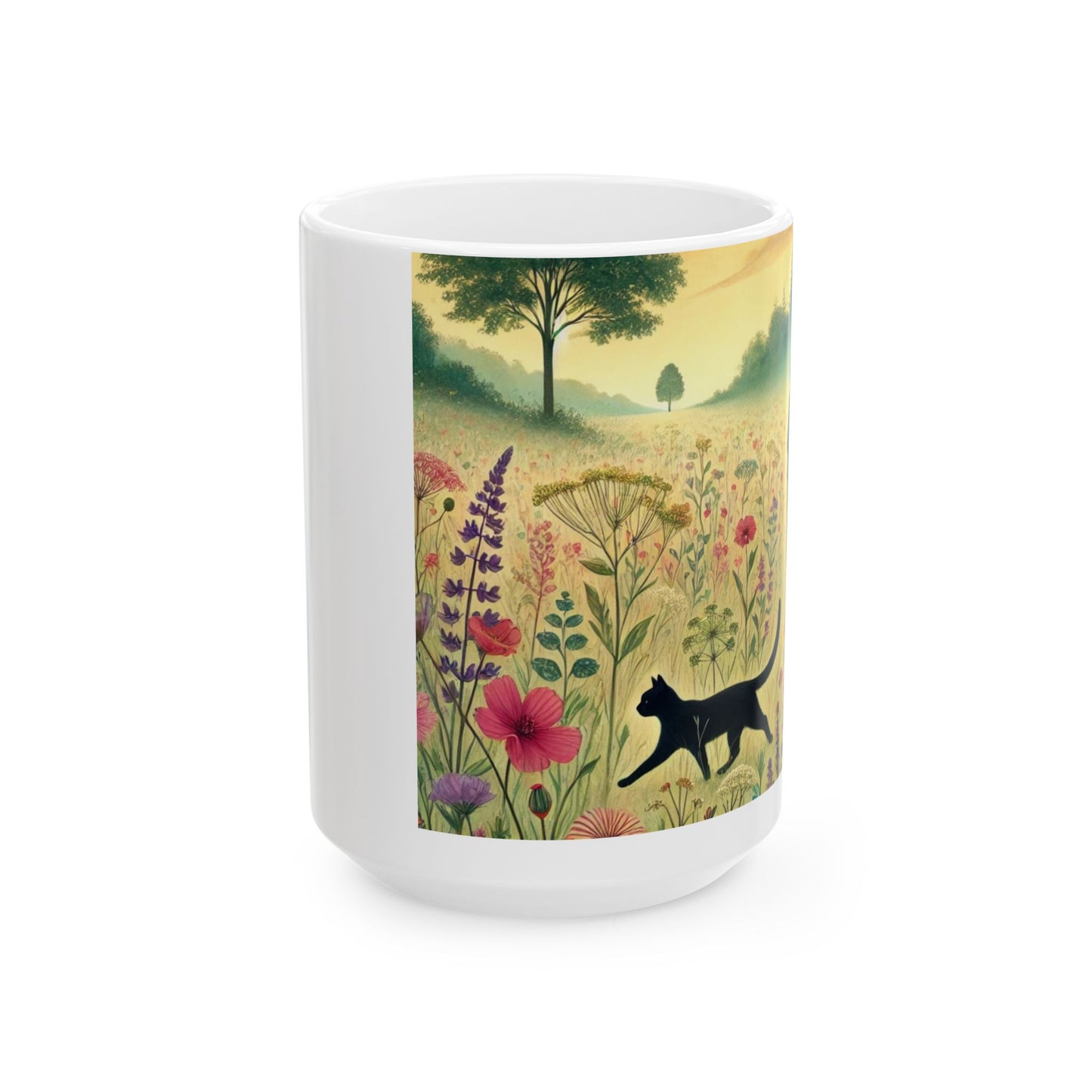 Cat & Girl in Meadow White Ceramic Mug, (11oz, 15oz)