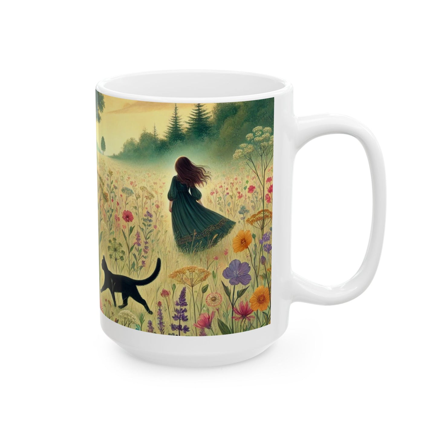 Cat & Girl in Meadow White Ceramic Mug, (11oz, 15oz)