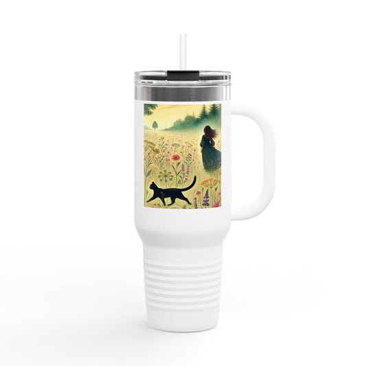 Dreamy Cat & Girl in Meadow - Insulated Travel Mug, 40oz