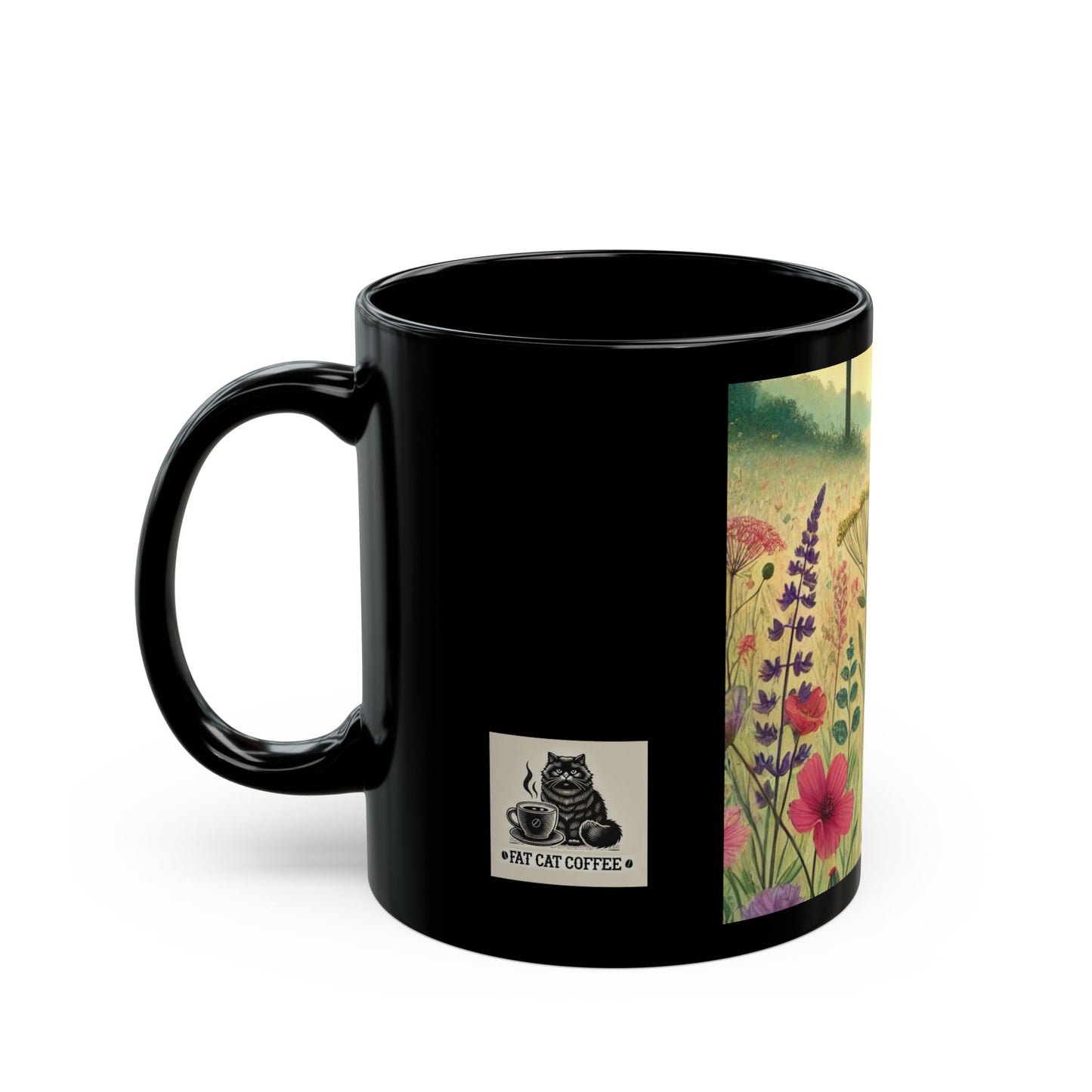 Cat & Girl in Meadow - Black Mug (11oz, 15oz)