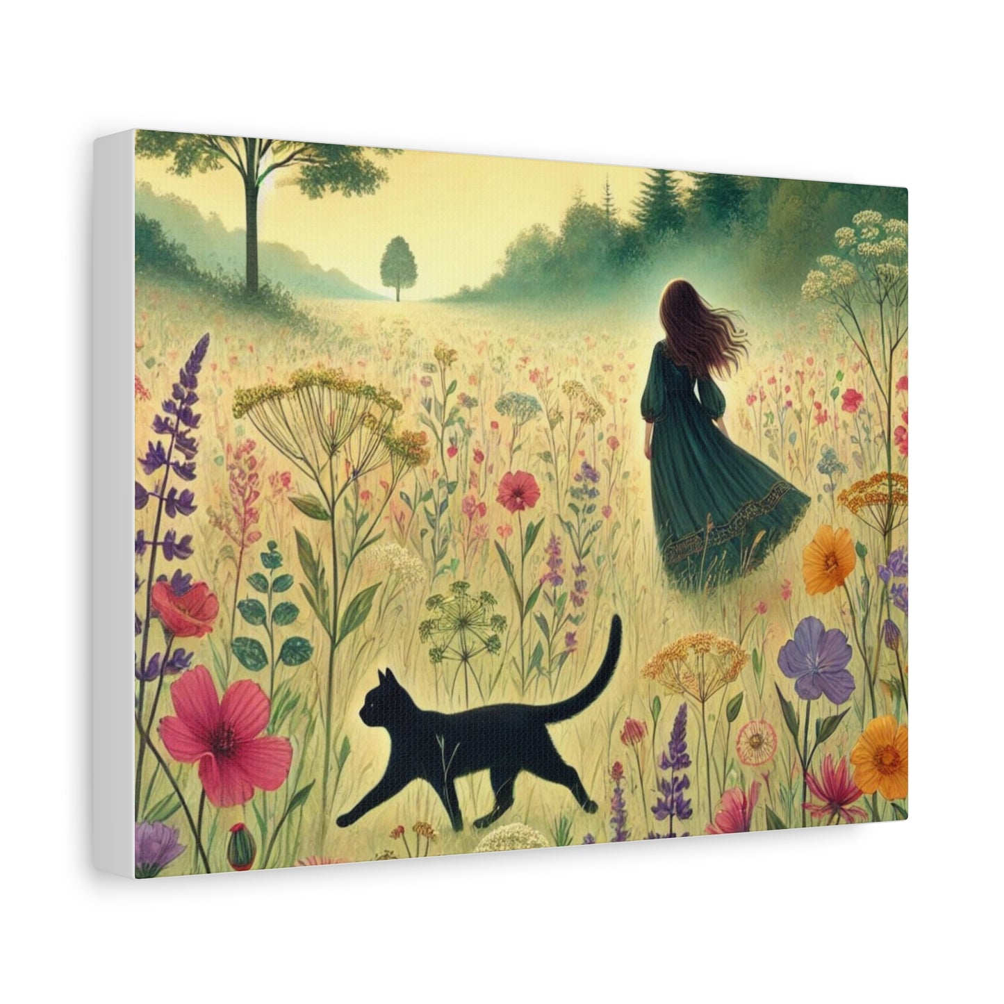 Dreamy Cat & Girl in Meadow Matte Canvas, Stretched, 1.25"