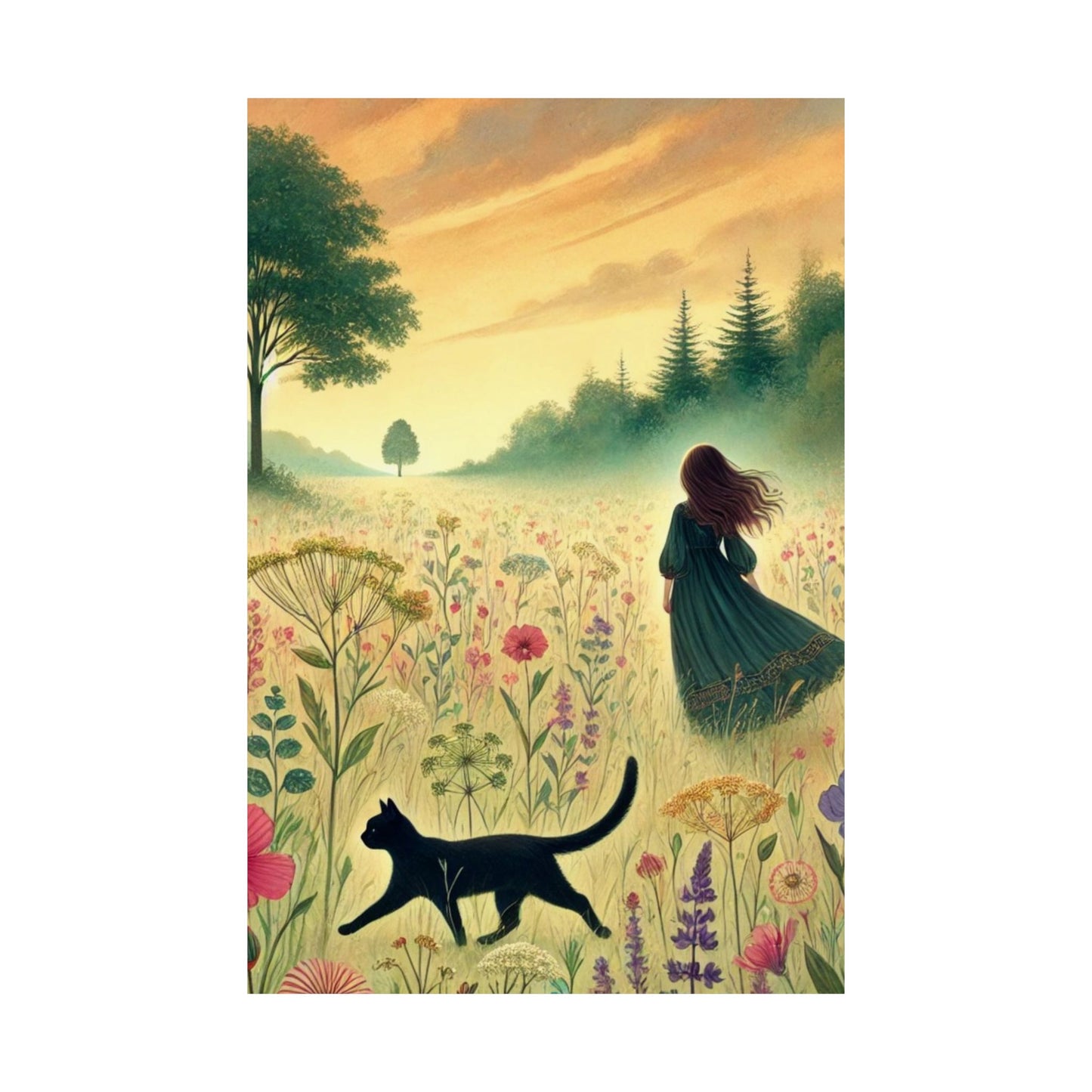 Cat & Girl in Meadow Poster - Dreamy, Inspirational