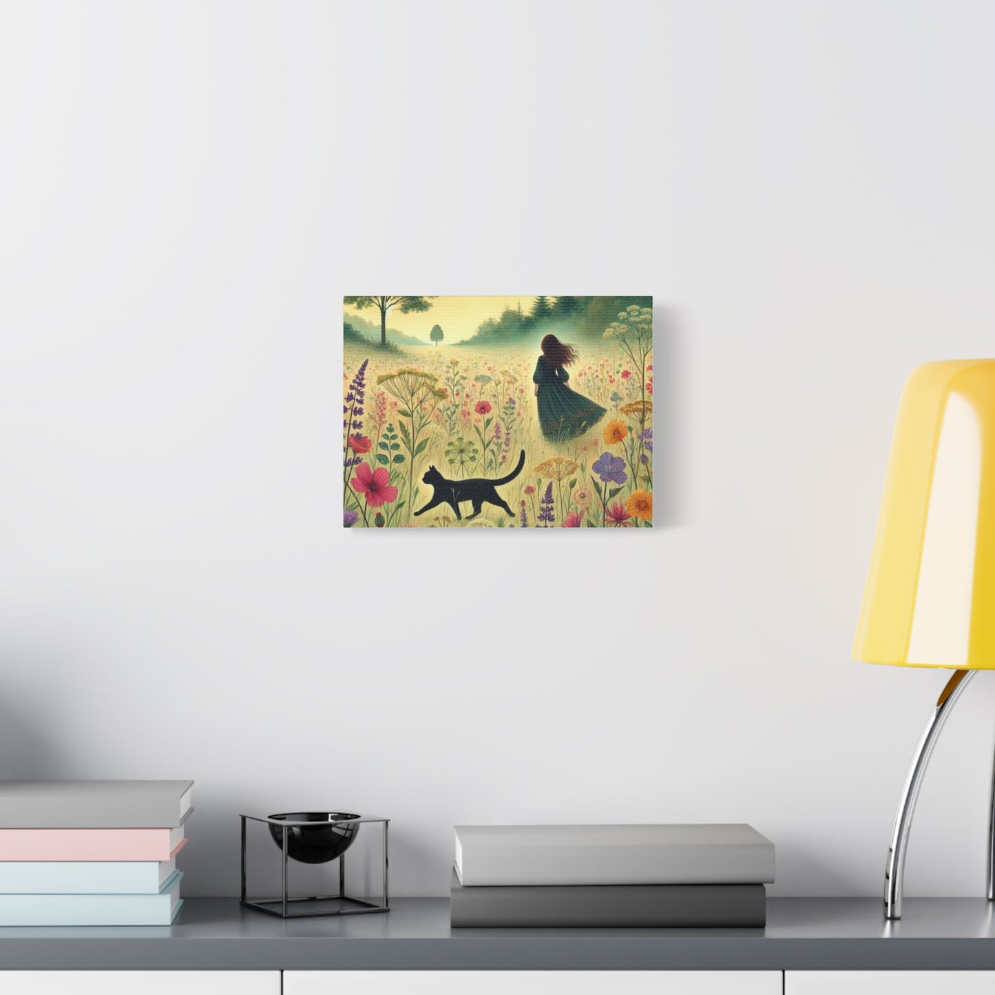 Dreamy Cat & Girl in Meadow Matte Canvas, Stretched, 1.25"