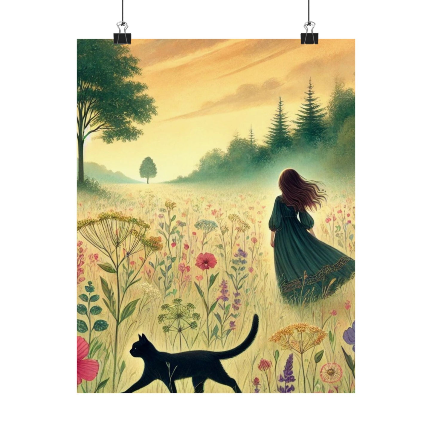 Cat & Girl in Meadow Poster - Dreamy, Inspirational