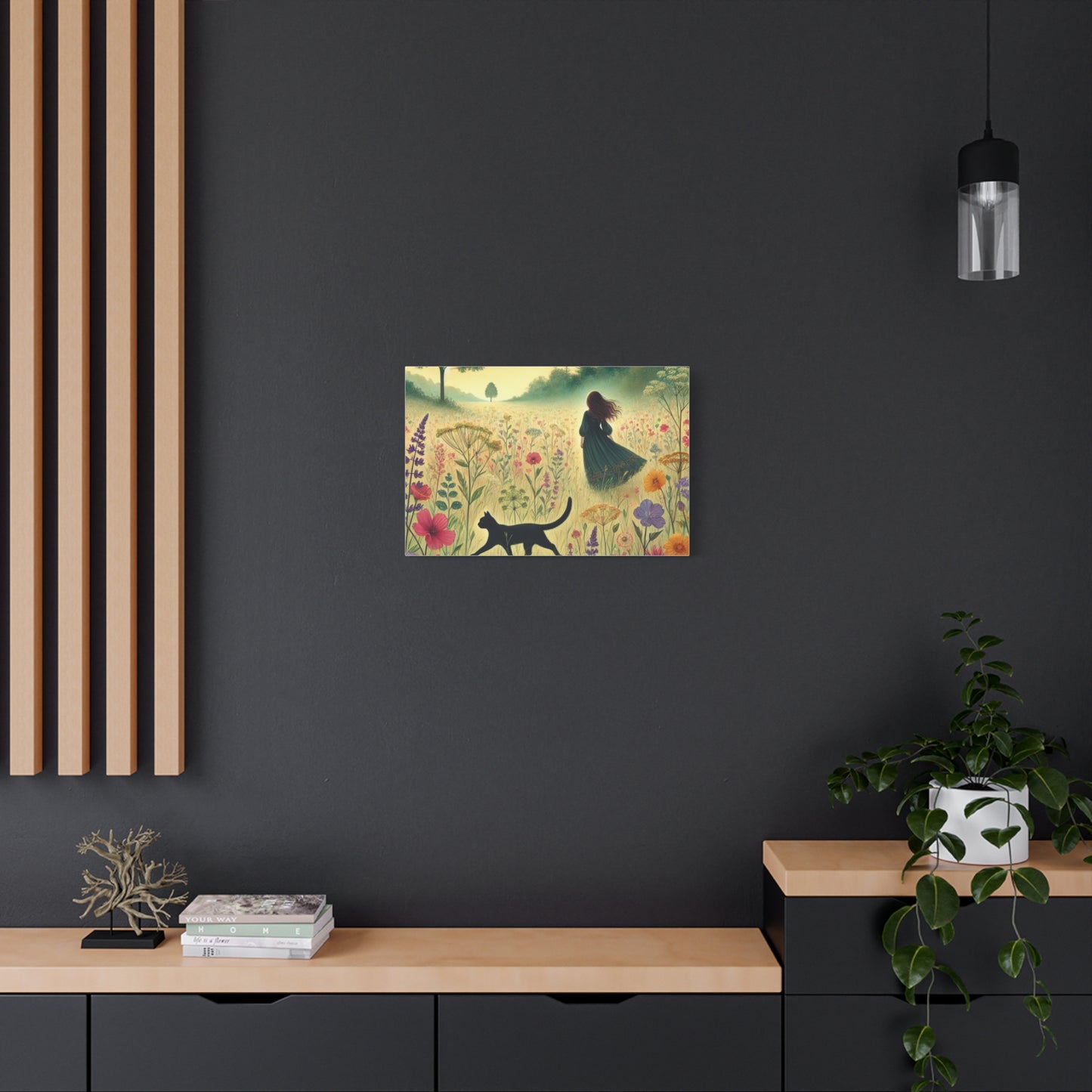 Dreamy Cat & Girl in Meadow Matte Canvas, Stretched, 1.25"