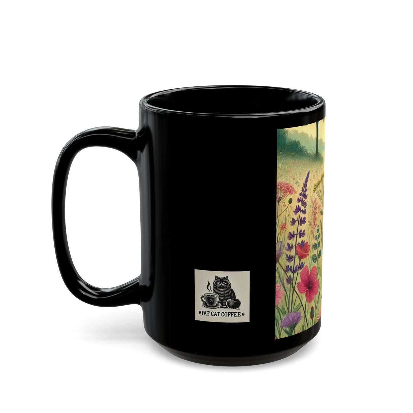 Cat & Girl in Meadow - Black Mug (11oz, 15oz)