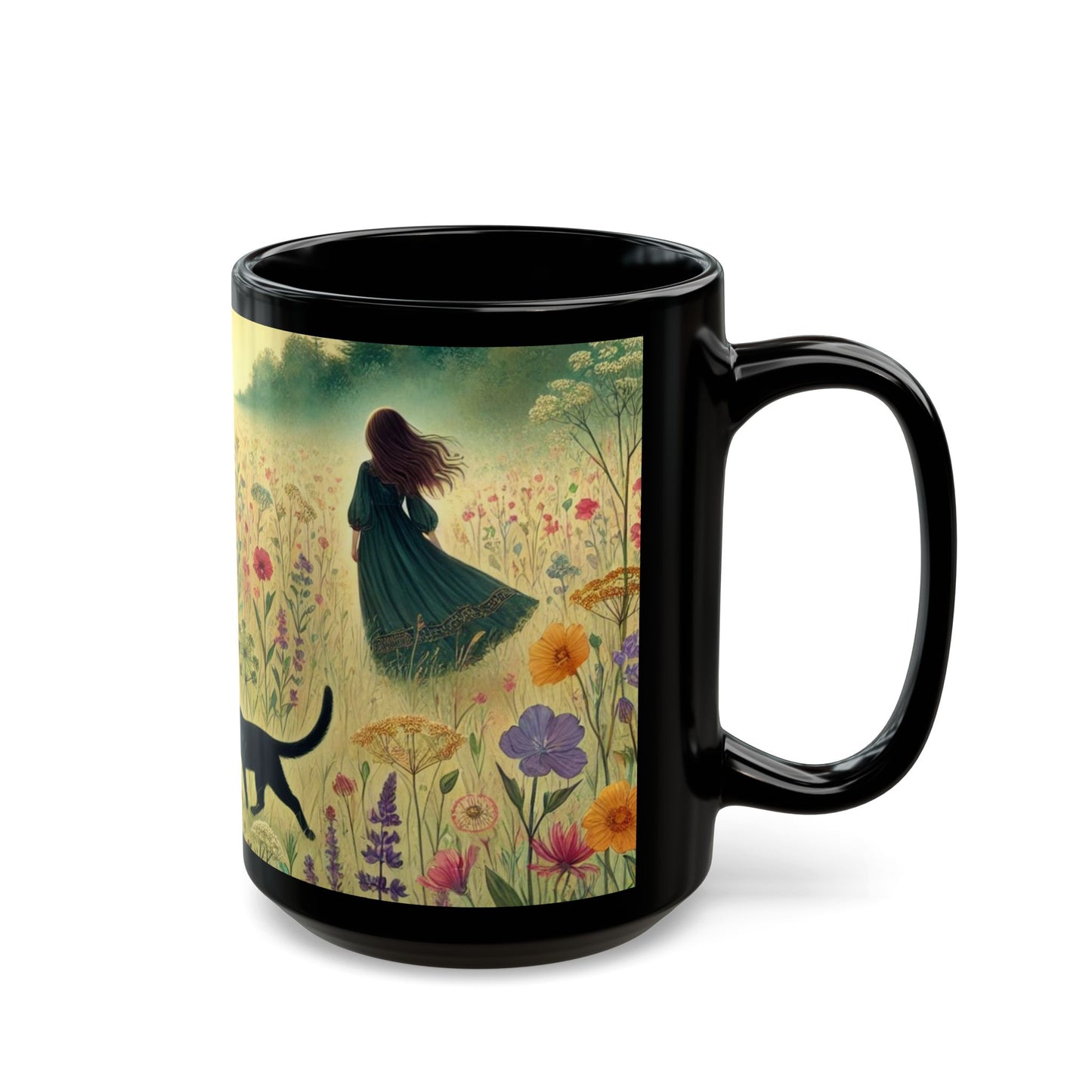 Cat & Girl in Meadow - Black Mug (11oz, 15oz)