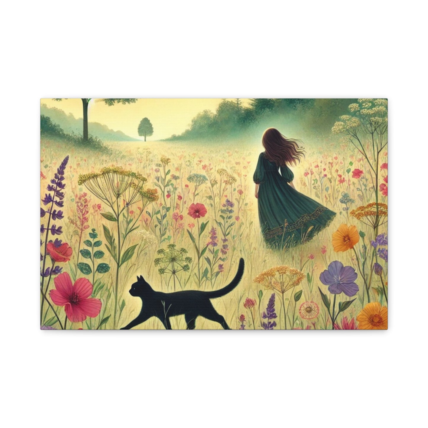 Dreamy Cat & Girl in Meadow Matte Canvas, Stretched, 1.25"