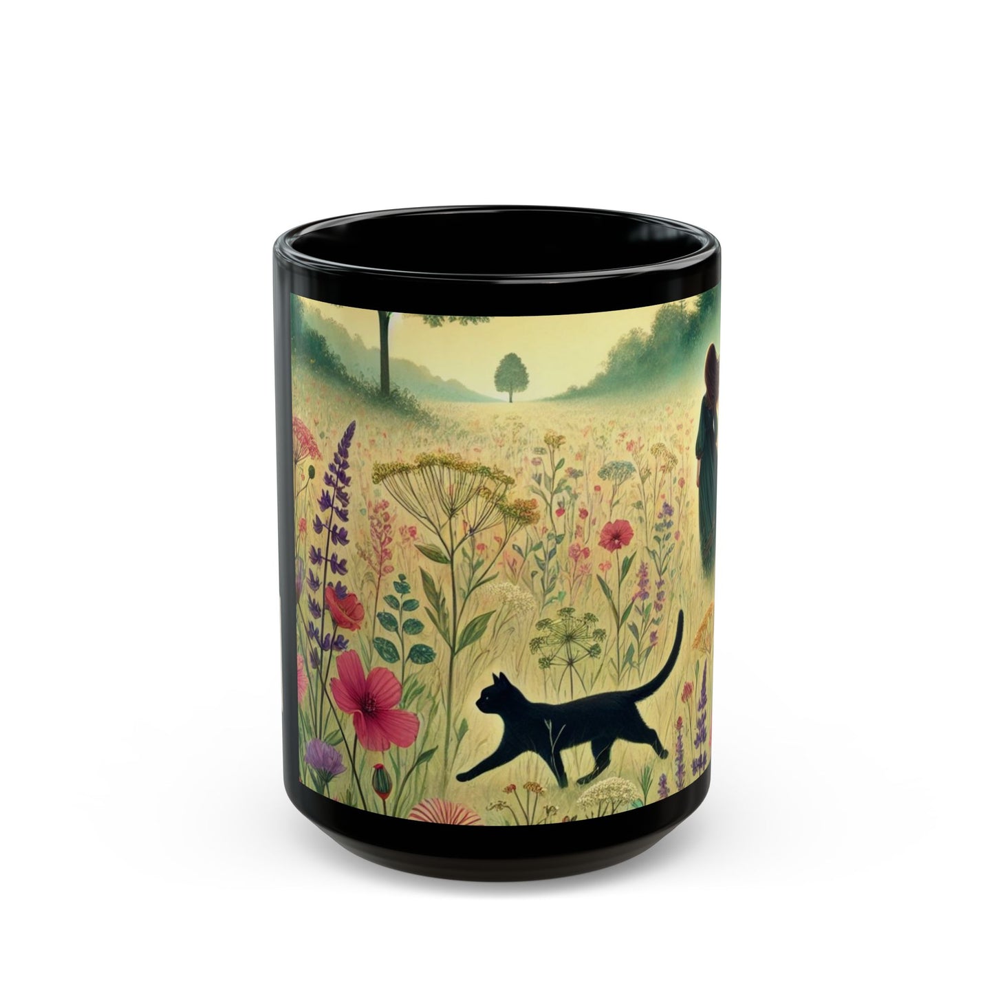 Cat & Girl in Meadow - Black Mug (11oz, 15oz)