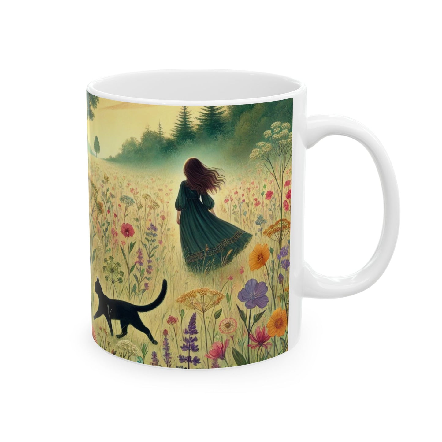 Cat & Girl in Meadow White Ceramic Mug, (11oz, 15oz)