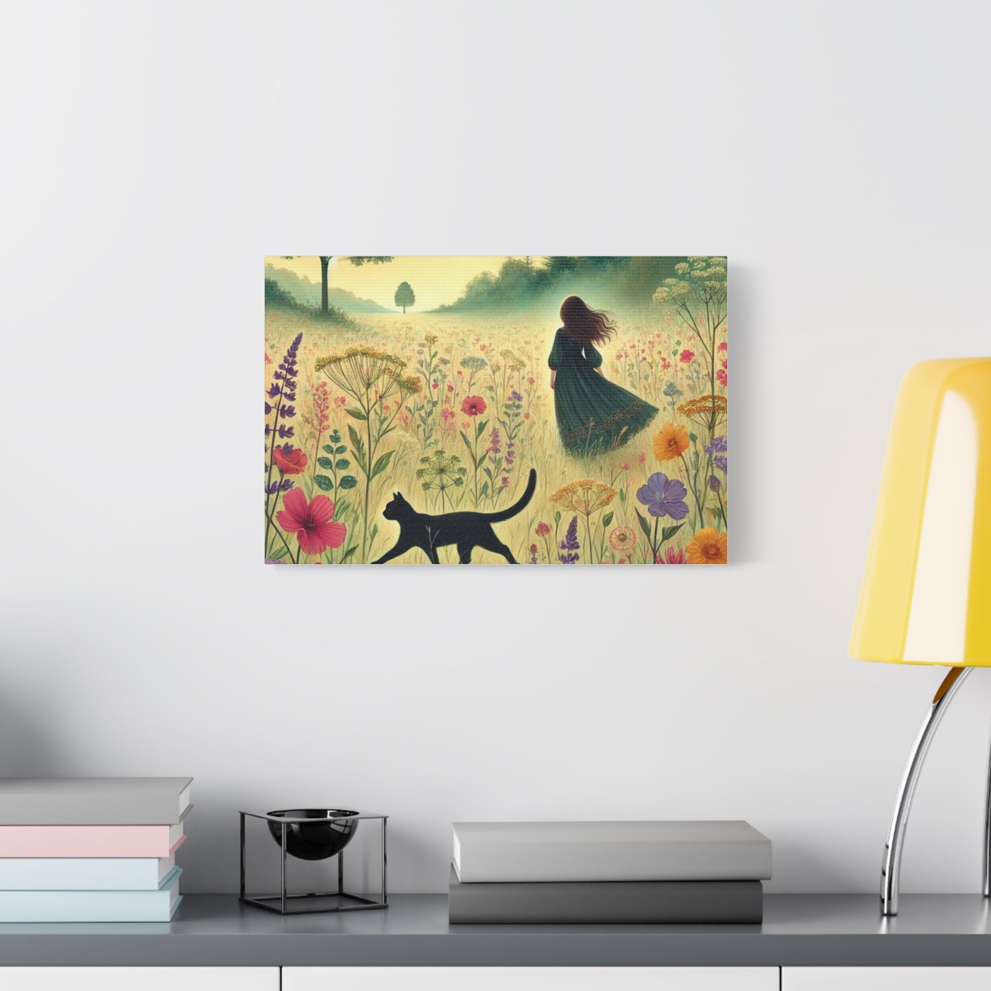 Dreamy Cat & Girl in Meadow Matte Canvas, Stretched, 1.25"