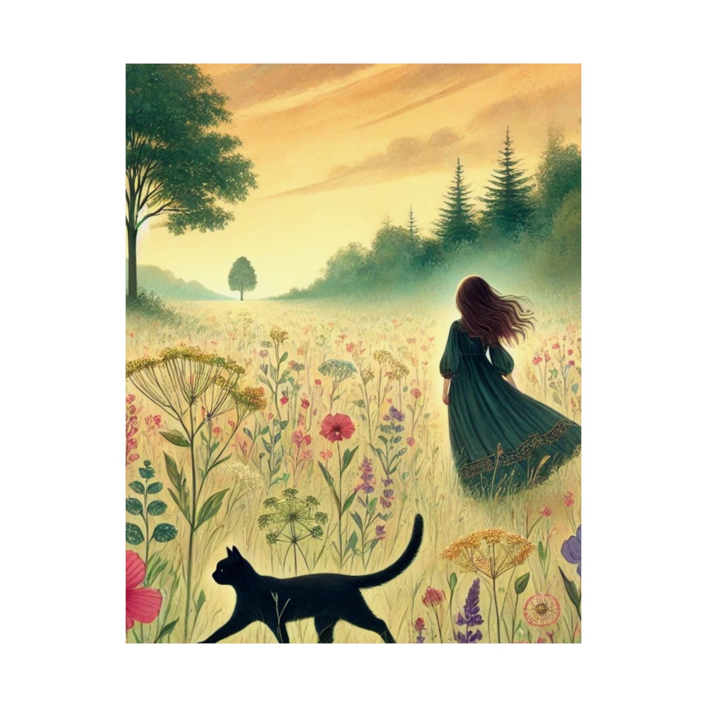 Cat & Girl in Meadow Poster - Dreamy, Inspirational