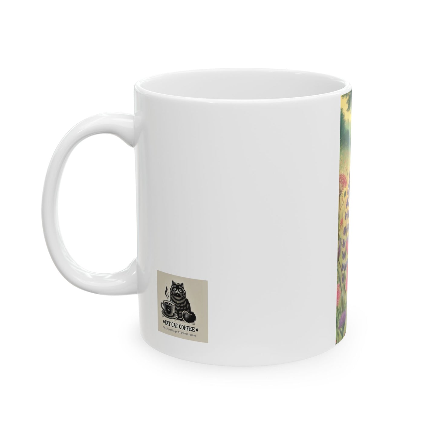 Cat & Girl in Meadow White Ceramic Mug, (11oz, 15oz)