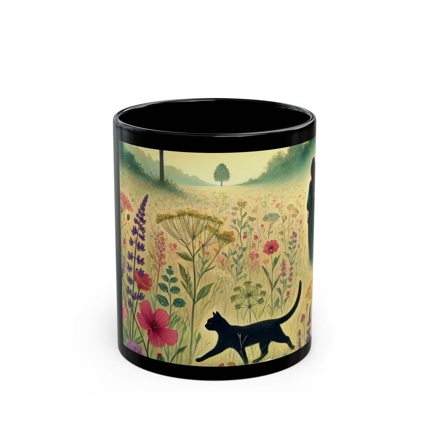 Cat & Girl in Meadow - Black Mug (11oz, 15oz)