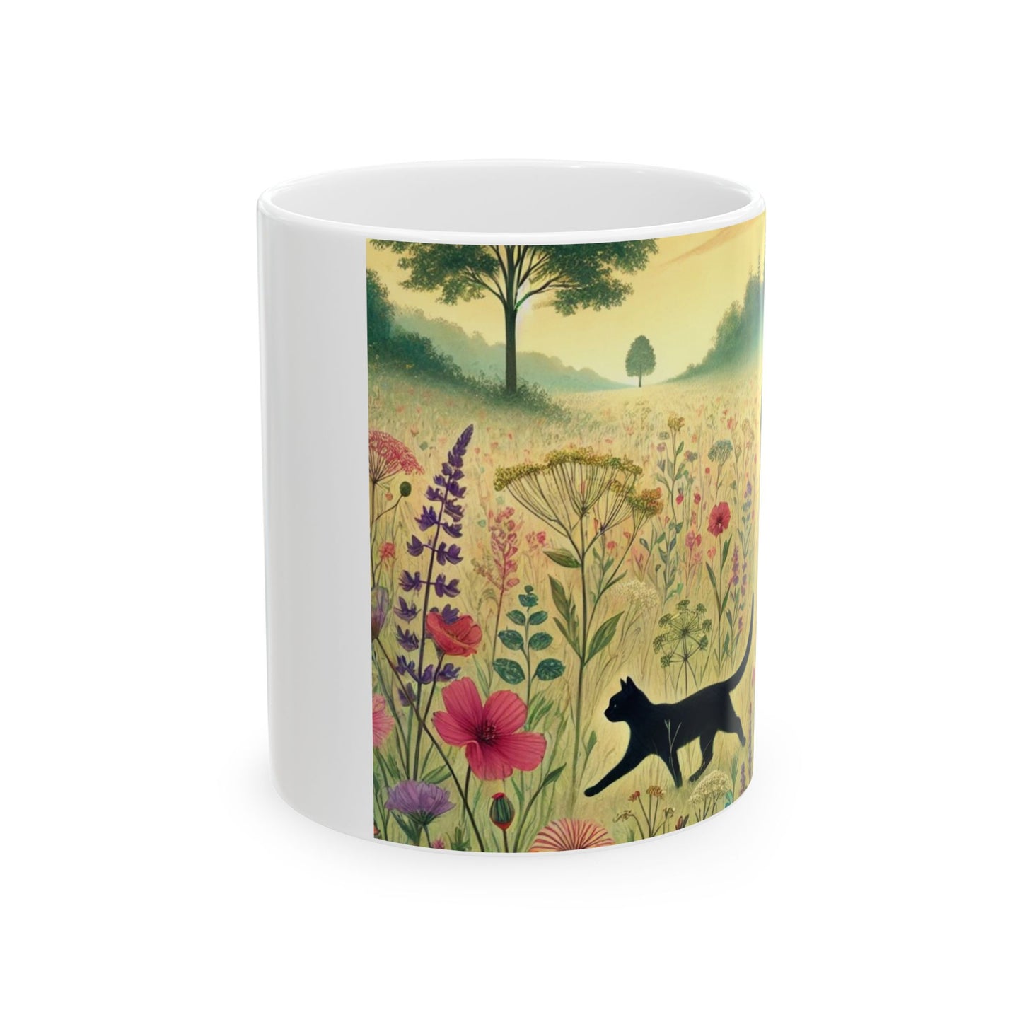 Cat & Girl in Meadow White Ceramic Mug, (11oz, 15oz)